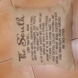 "The South" Burlap Throw Pillow 17in Square Brown & Black NWOT